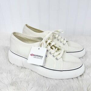 SUPERGA‎ Canvas Platform Sneaker Size 8 Beige Cream Lace Up Clean Girl Scandi